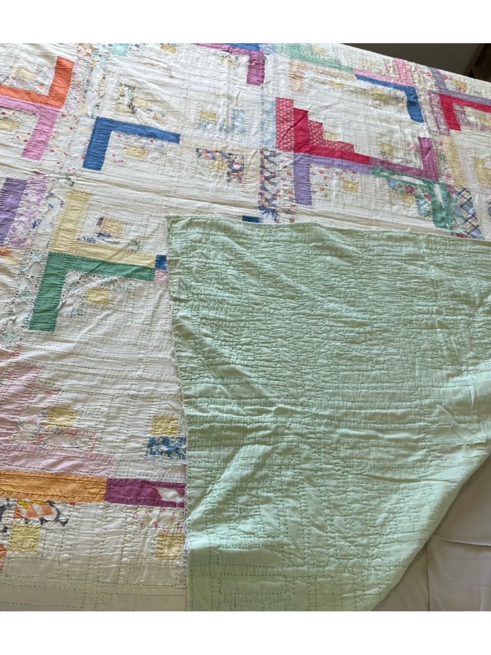 Vintage 1930s 40s Feedsack Log Cabin Quilt Hand Quilted Cutter Folk Art